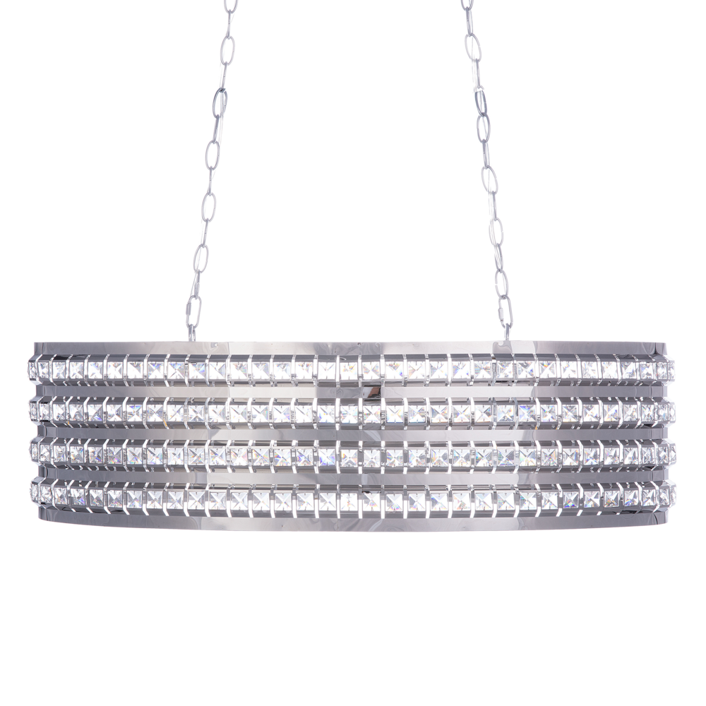 foto del prodotto lampadario in metallo argentato paralume ovale a 2 luci con cristalli in stile glam