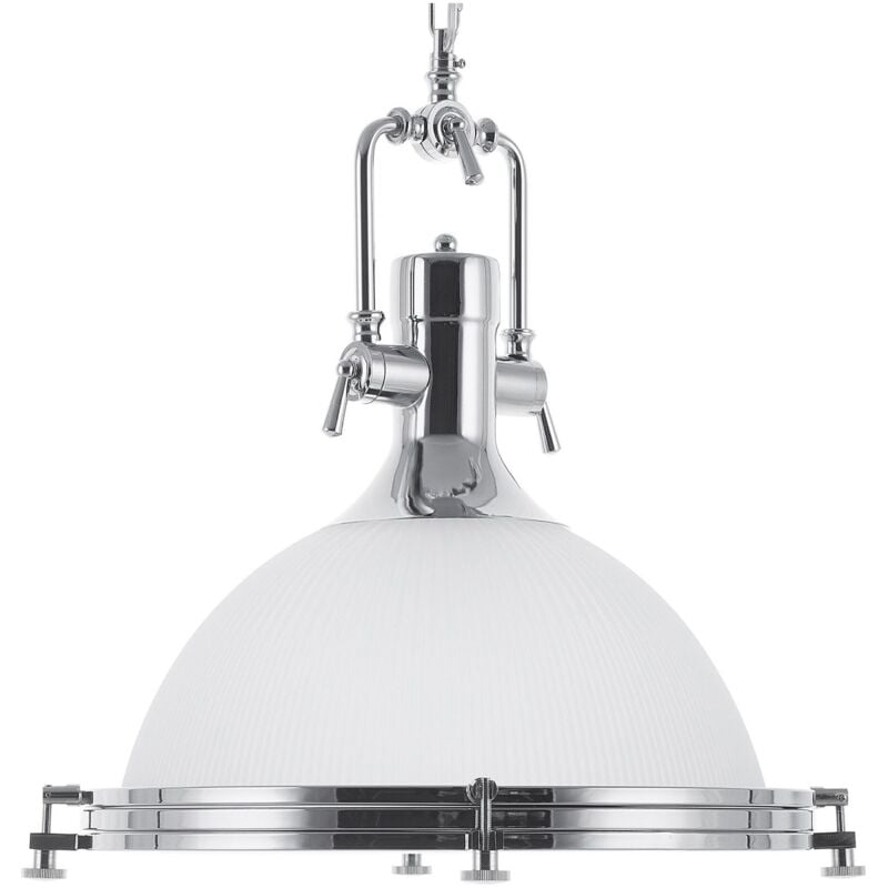 foto del prodotto lampadario in metallo argentato paralume vetro bianco forma di campana ebron
