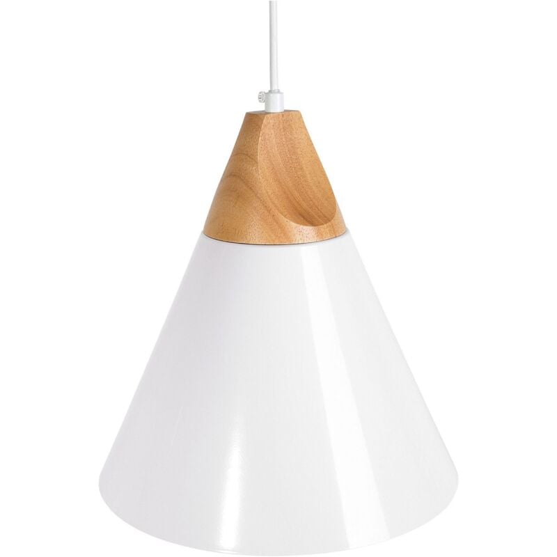 foto del prodotto lampadario in metallo bianco e legno con paralume a forma di cono albano