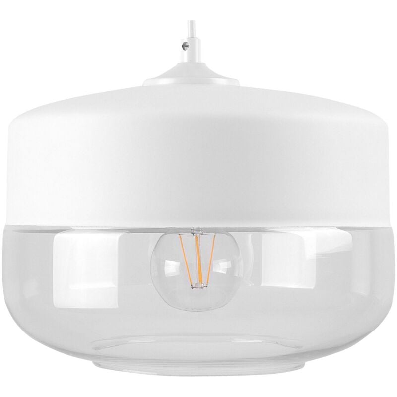 foto del prodotto lampadario in metallo bianco e vetro con paralume a forma di tamburo murray