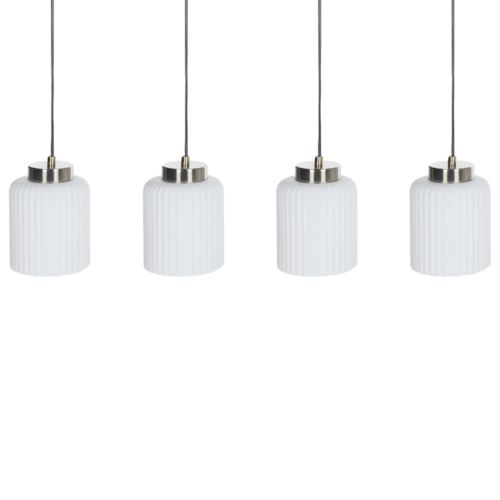 foto del prodotto lampadario in metallo con 4 paralumi in vetro bianco nero e ottone camera da letto soggiorno elegante