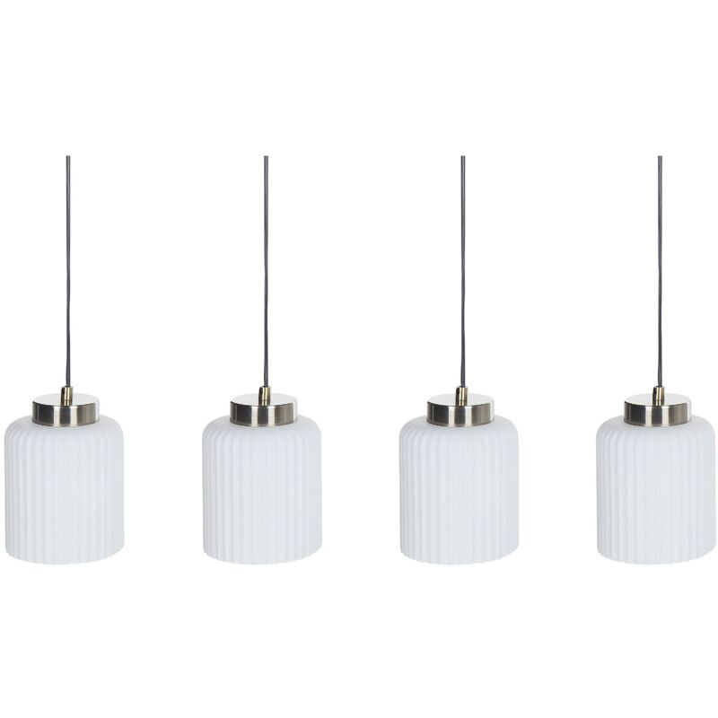 foto del prodotto lampadario in metallo con 4 paralumi in vetro bianco nero e ottone caudelo