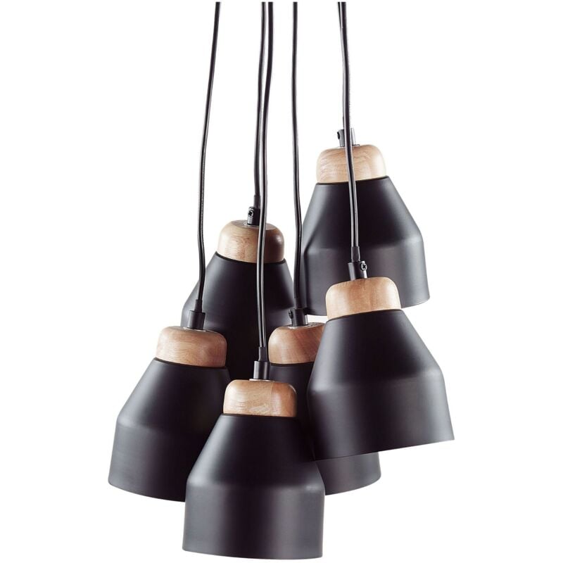 foto del prodotto lampadario in metallo nero e legno con 6 luci paralumi a campana cestos