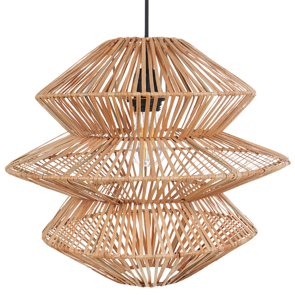 foto del prodotto lampadario in rattan naturale paralume in ferro nero base boho lightning luce a sospensione soggiorno camera da letto corridoio