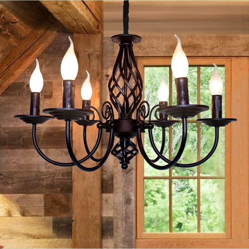 foto del prodotto lampadario in stile country tradizionale, vintage altezza regolabile candela ferro battuto lampadario, 6 luci agriturismo classica del pendente le