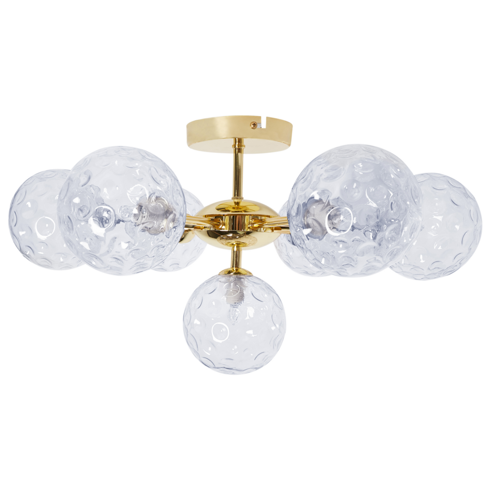 foto del prodotto lampadario in vetro 7 luci rotonde blu metallizzato e oro stile moderno