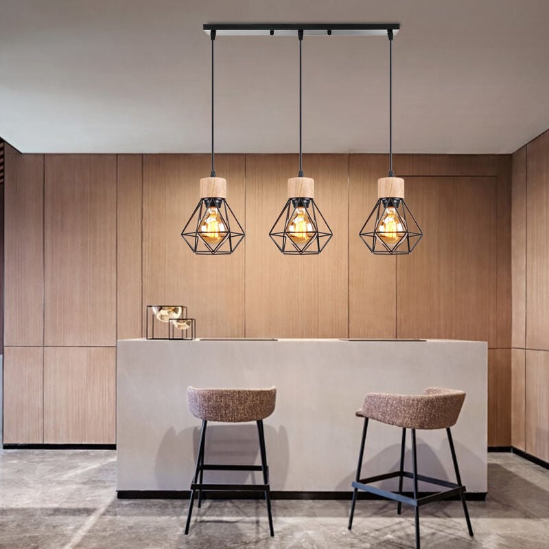 foto del prodotto lampadario industriale 3 lampade e27 a forma di diamante lampada a soffitto in legno metallo lampada retr per sala da pranzo camera da letto