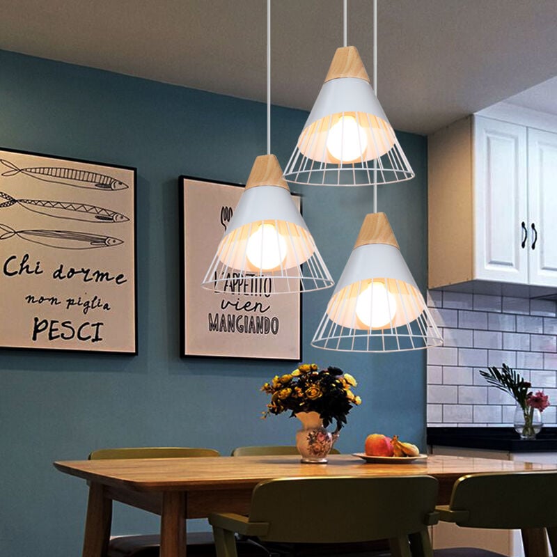 foto del prodotto lampadario industriale 3 luci forma badminton lampadario in metallo e legno e27 plafoniera con base rotonda per sala da pranzo cucina soggiorno bianco