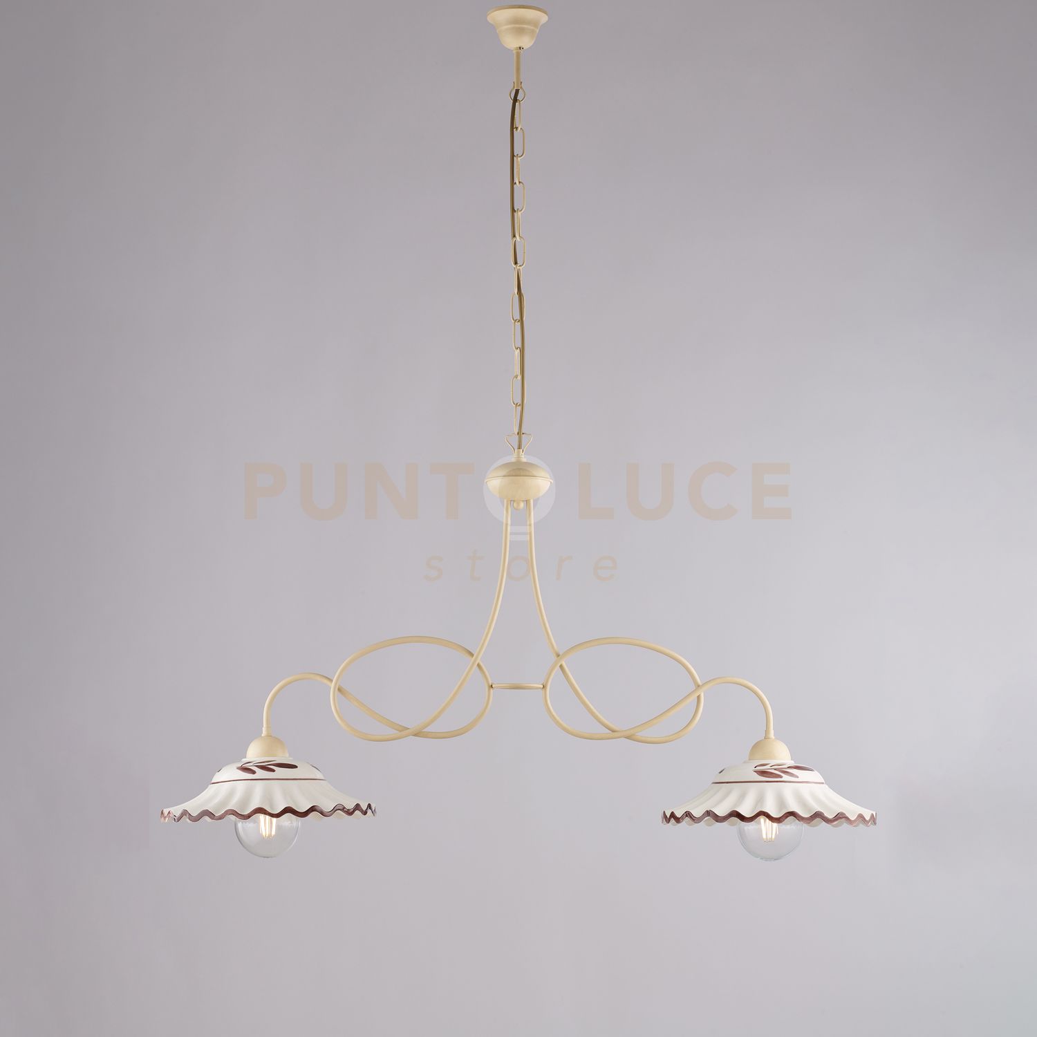 foto del prodotto lampadario inferro laccato avorio e decorazione effetto decap con diffusori in ceramica diametro 30 bianco e marrone 2 luci