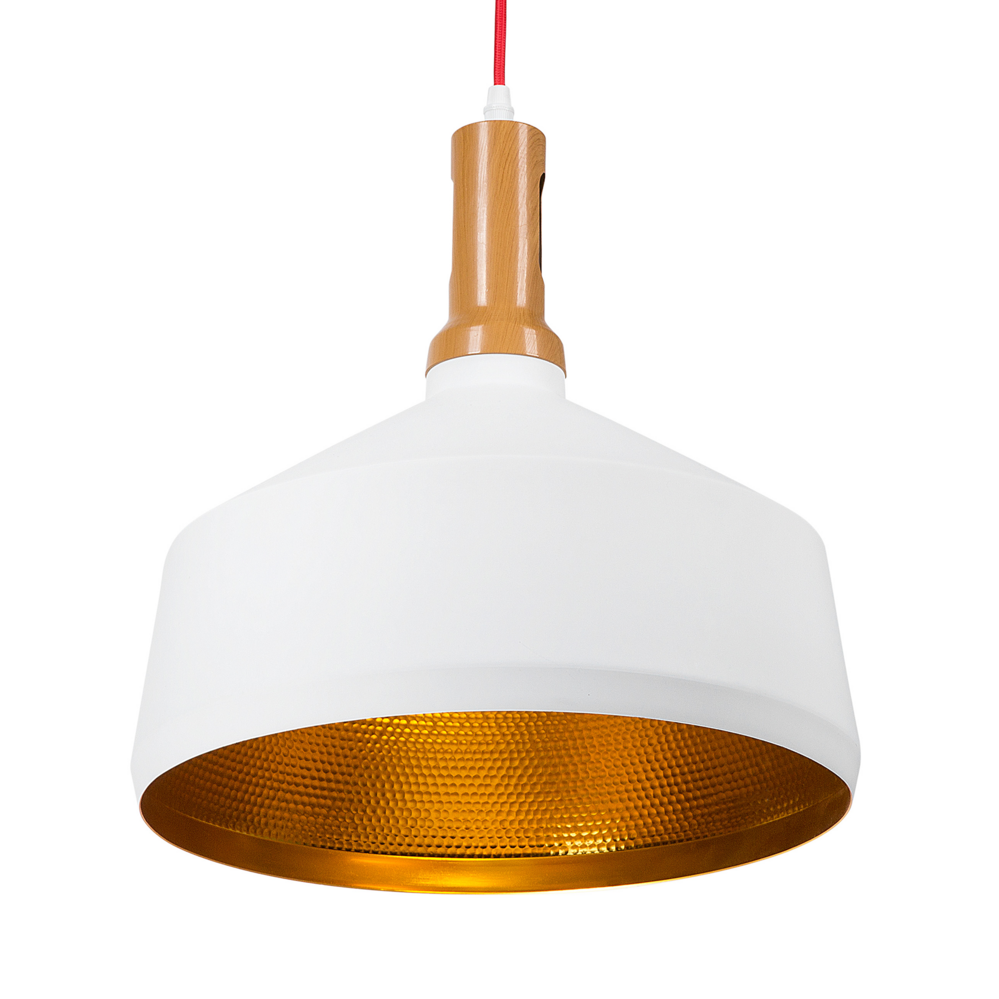 foto del prodotto lampadario lampada a sospensione bianca con dorato e legno chiaro alluminio paralume geometrico rotondo design industriale