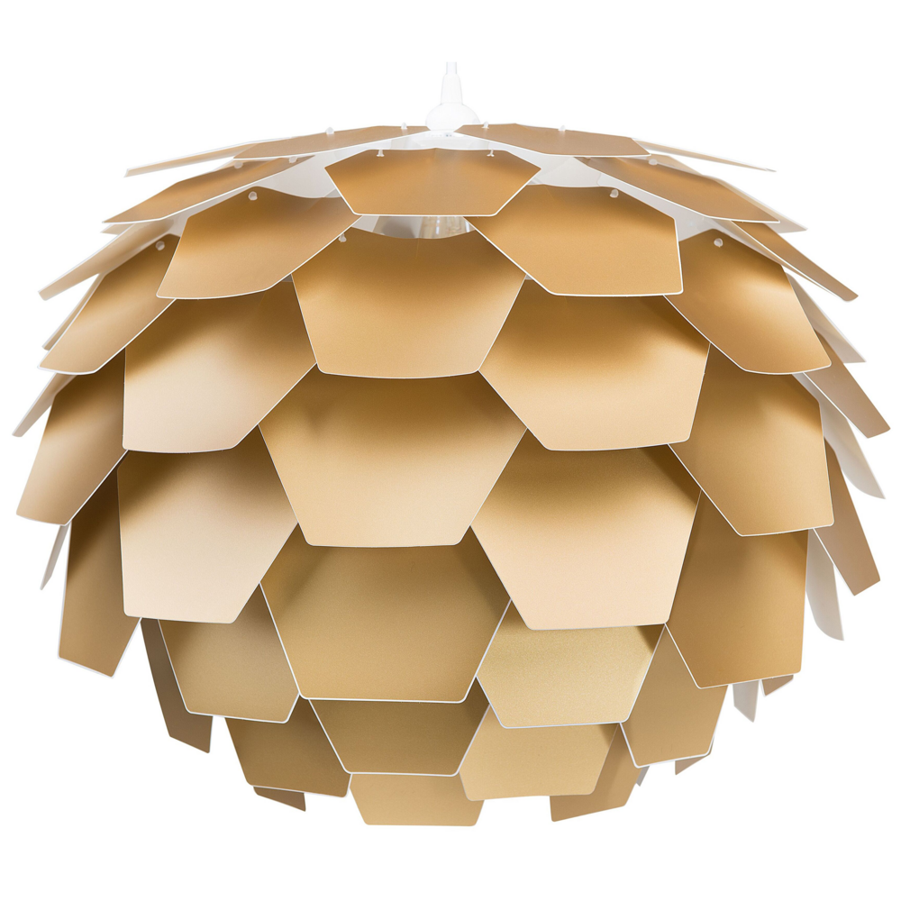 foto del prodotto lampadario lampada a sospensione con paralume a forma di globo a forma di pigna in plastica dorata
