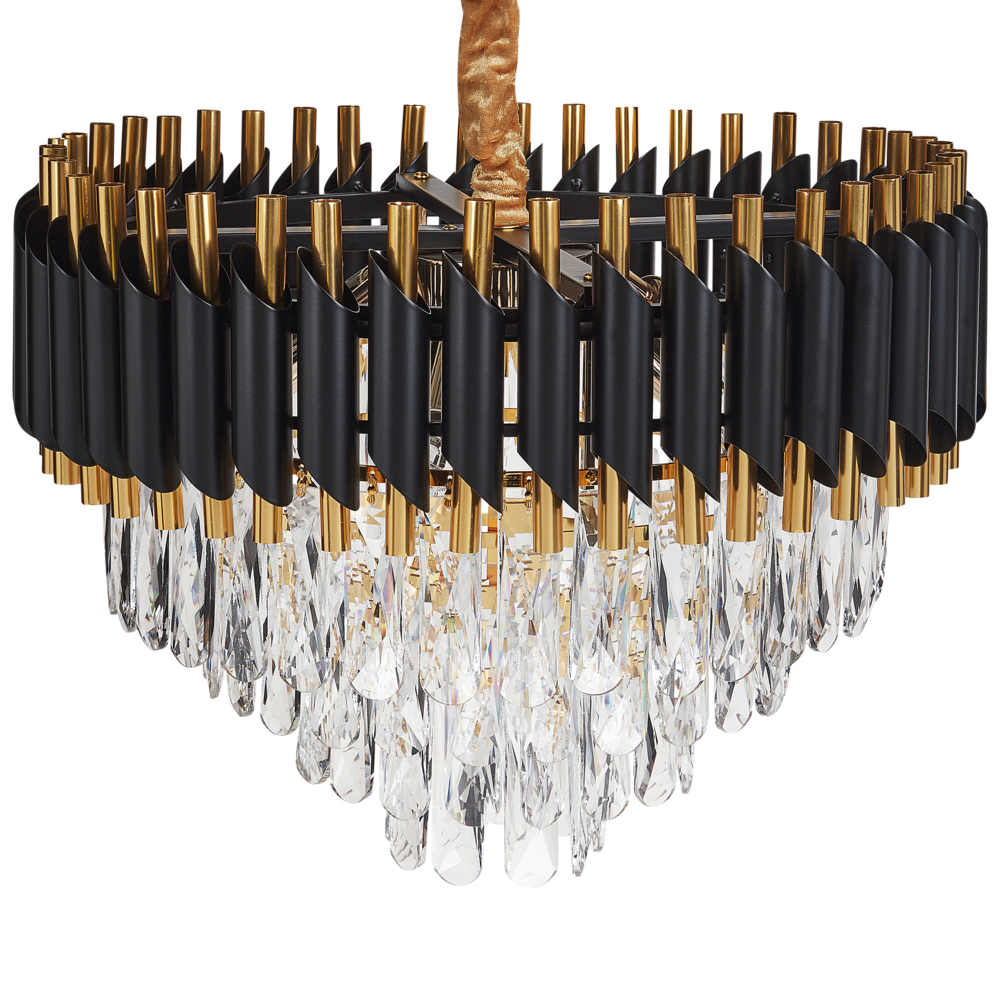 foto del prodotto lampadario lampada a sospensione in ferro nero e oro con cristalli illuminazione glamour