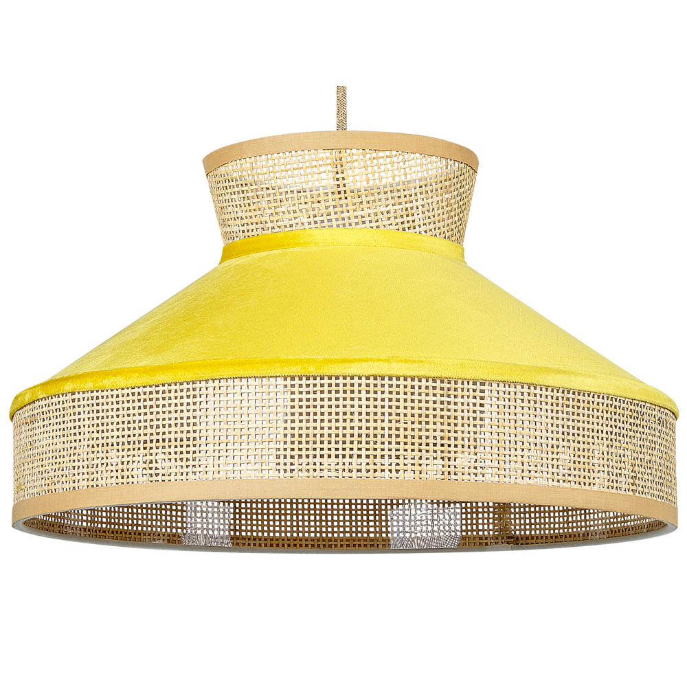 foto del prodotto lampadario lampada a sospensione in rattan giallo naturale con paralume in velluto boho illuminazione