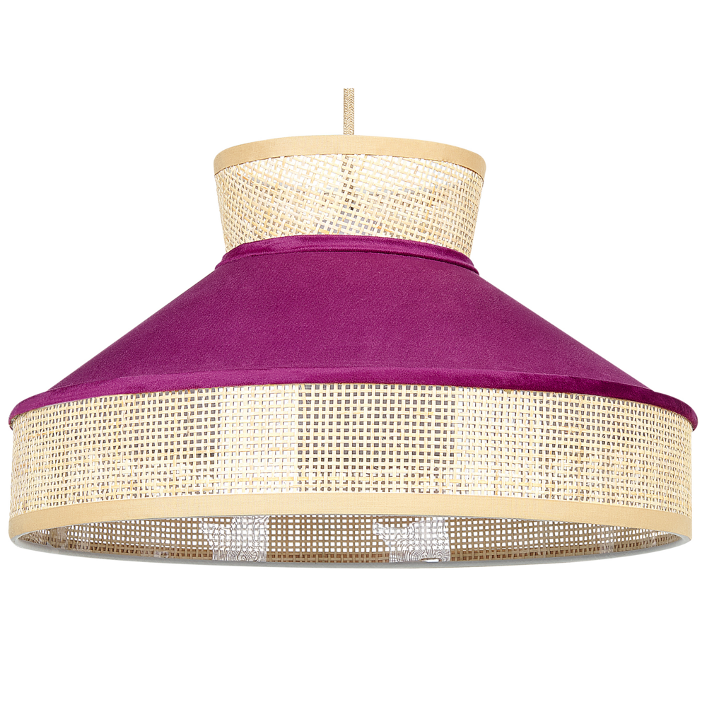 foto del prodotto lampadario lampada a sospensione in rattan rosa naturale con paralume in velluto boho illuminazione