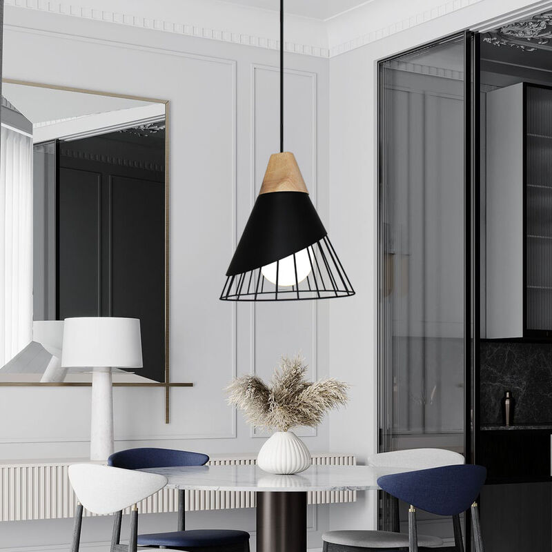 foto del prodotto lampadario lampada a sospensione vintage retro gabbia forma badminton in metallo e legno e27 25cm plafoniera nero