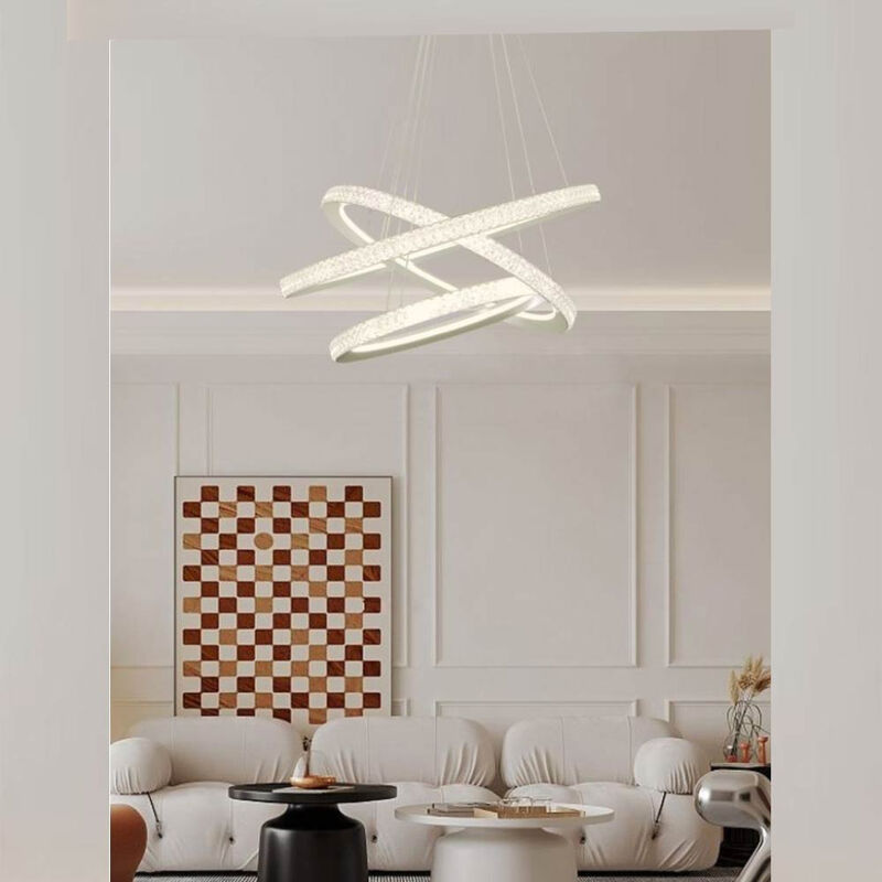 foto del prodotto lampadario led 132 watt lampada a sospensione bianca 3 anelli con cristalli in acrilico luce calda 3000k