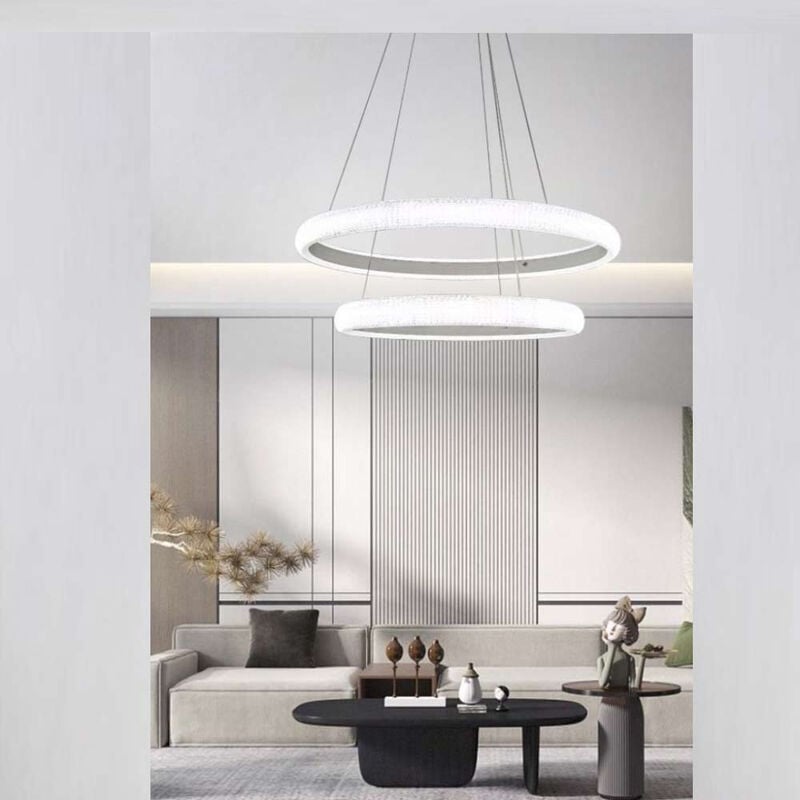 foto del prodotto lampadario led 51 watt lampada a sospensione bianca 2 anelli con cristalli in acrilico luce calda 3000k