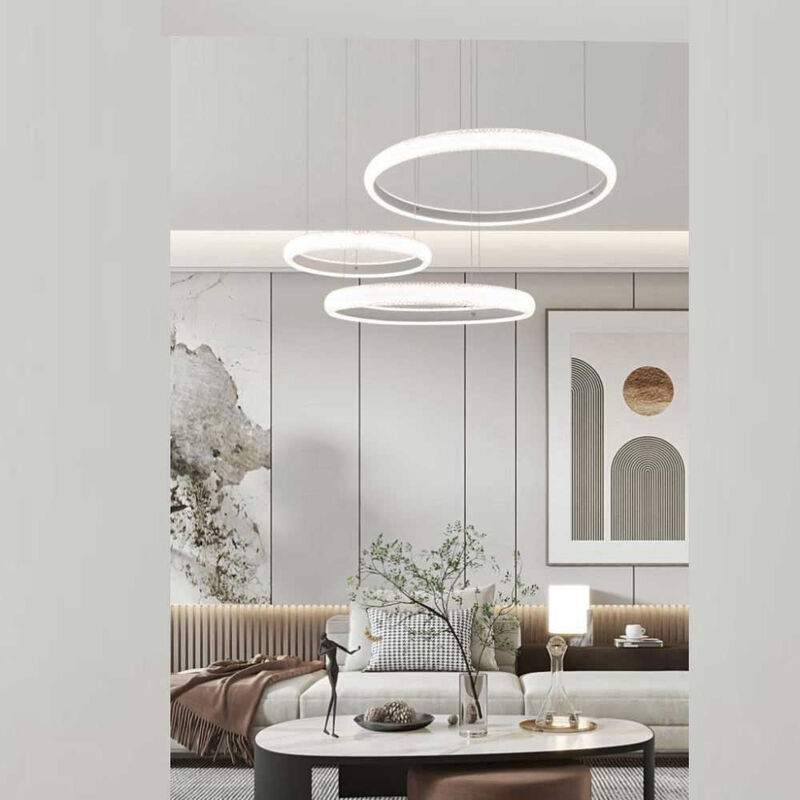 foto del prodotto lampadario led 60 watt lampada a sospensione bianca 3 anelli con cristalli in acrilico luce calda 3000k