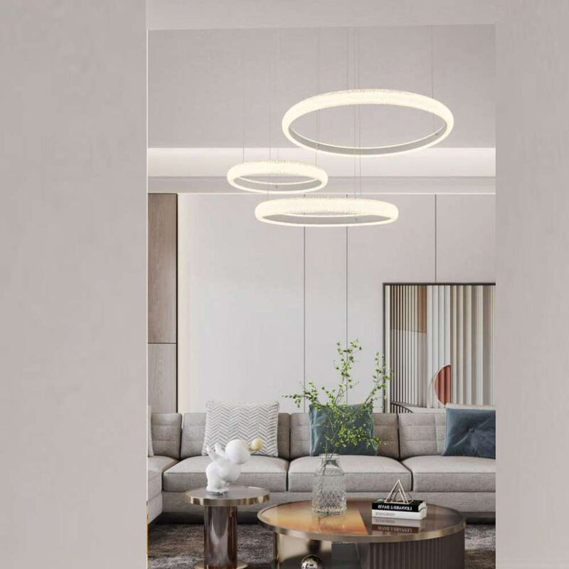 foto del prodotto lampadario led 60 watt lampada a sospensione bianca 3 anelli con cristalli in acrilico luce fredda 6500k