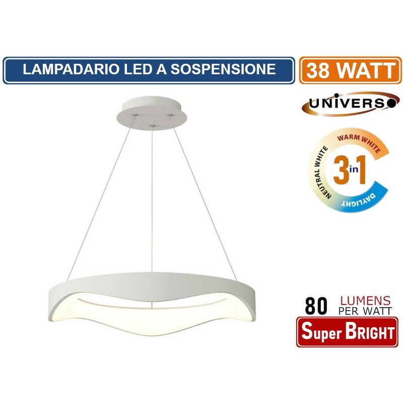 foto del prodotto lampadario led a onda bianco motaggio a sospensione 38w colorazione luce 3in1 cct 3000k 4000k 6500k