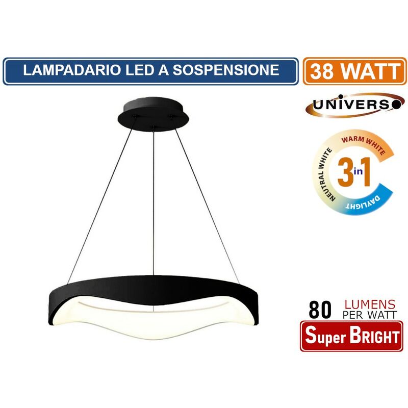 foto del prodotto lampadario led a onda nero motaggio a sospensione 38w colorazione luce 3in1 cct 3000k 4000k 6500k