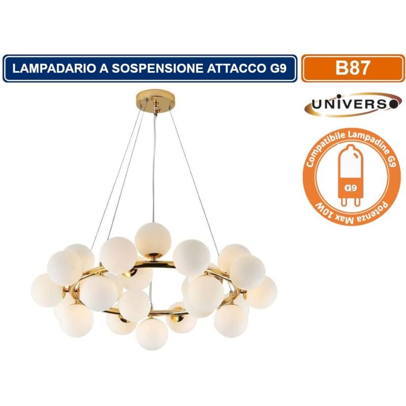 foto del prodotto lampadario led a sospensione in metallo di colore bronzo dotato di 25 sfere in vetro da 10cm con attacco g9 max 250w
