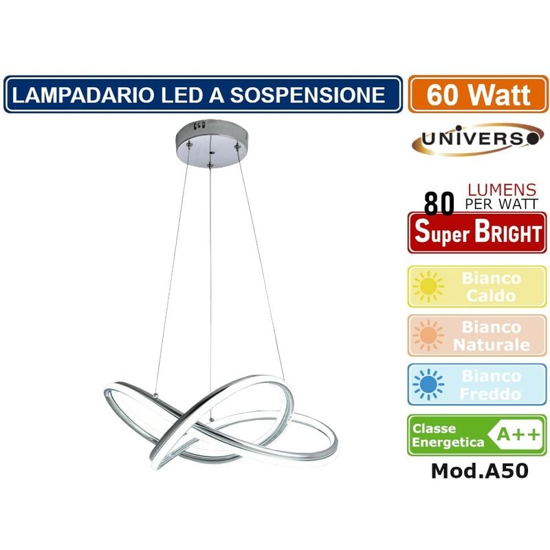foto del prodotto lampadario led a sospensione moderno intrecciato con finitura cromata 60w 3000k 4000k 6500k colore luce bianco naturale