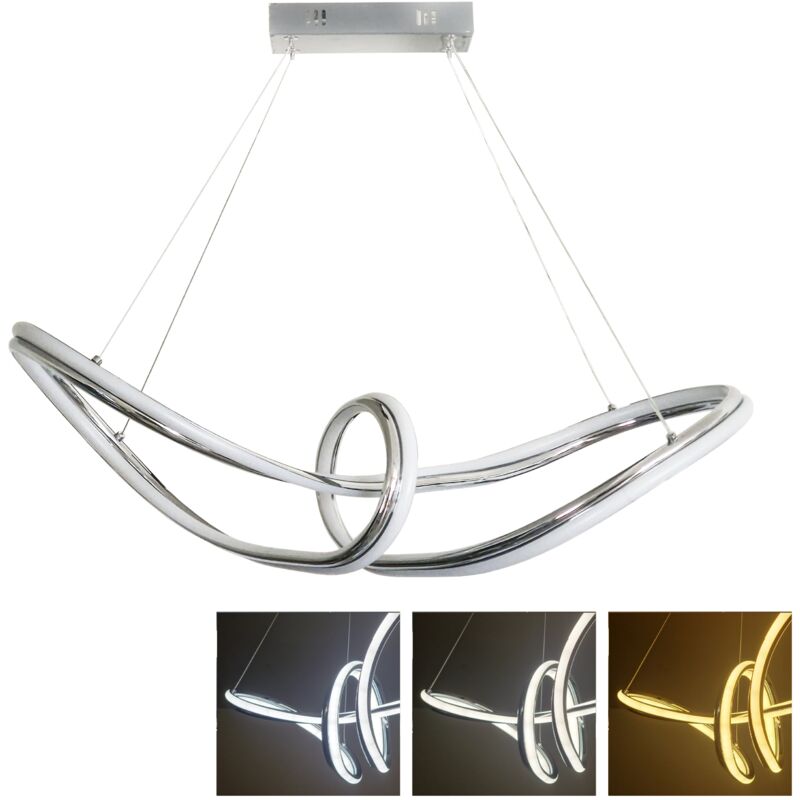 foto del prodotto lampadario led moderno cromato a sospensione, 60w, altezza regolabile, 4800 lumen, cambio temperatura luce 3000k 4000k 6500k maka