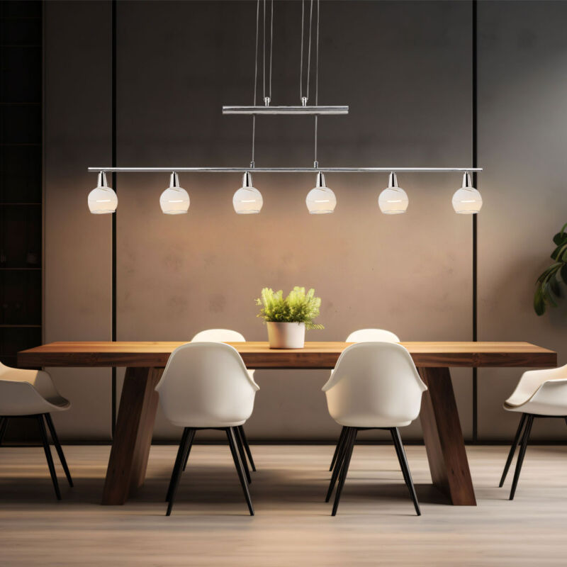 foto del prodotto lampadario led, sospensione a tirante, lampada soggiorno, luce sala da pranzo, lampada cucina regolabile in altezza, metallo vetro nichel, 6