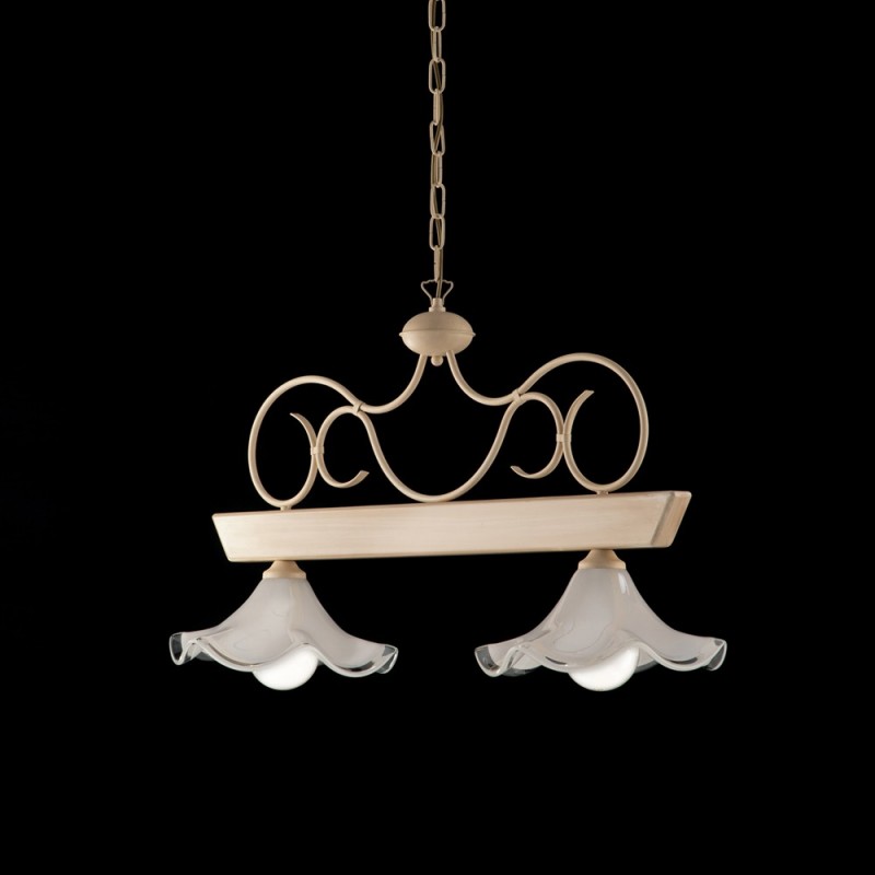 foto del prodotto lampadario legno e ferro laccato avorio con decorazione decape 2 luci