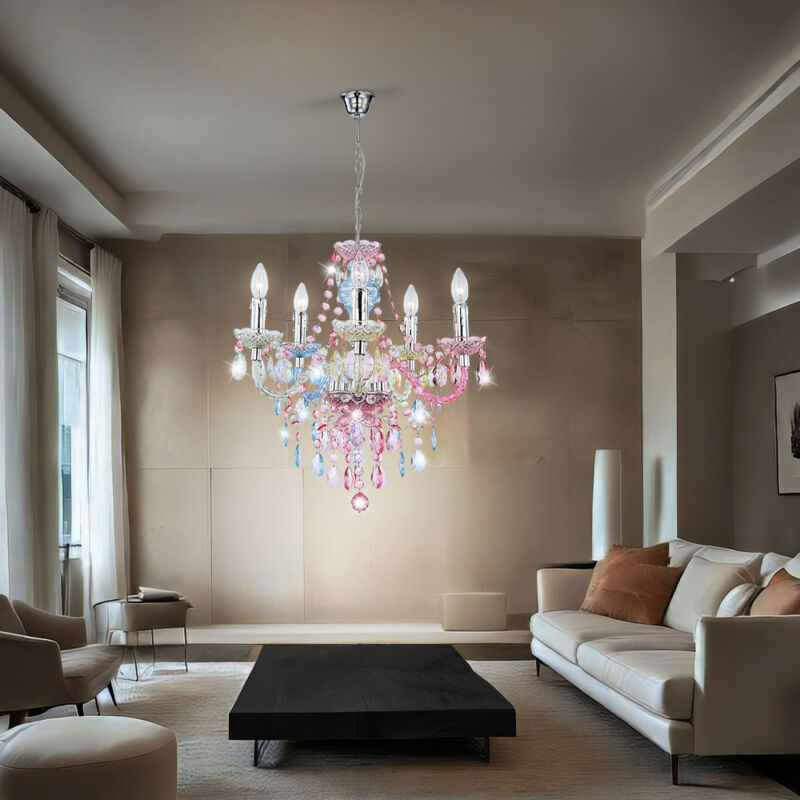 foto del prodotto lampadario lustre lampada a sospensione lampada in cristallo lampada a sospensione color arcobaleno, cromo, cristalli acrilici, 5 luci, 5x attacchi