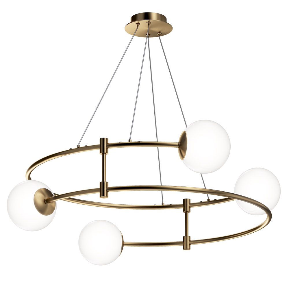 foto del prodotto lampadario minimal balance metallo oro 4 luci diffusori sferici bianchi