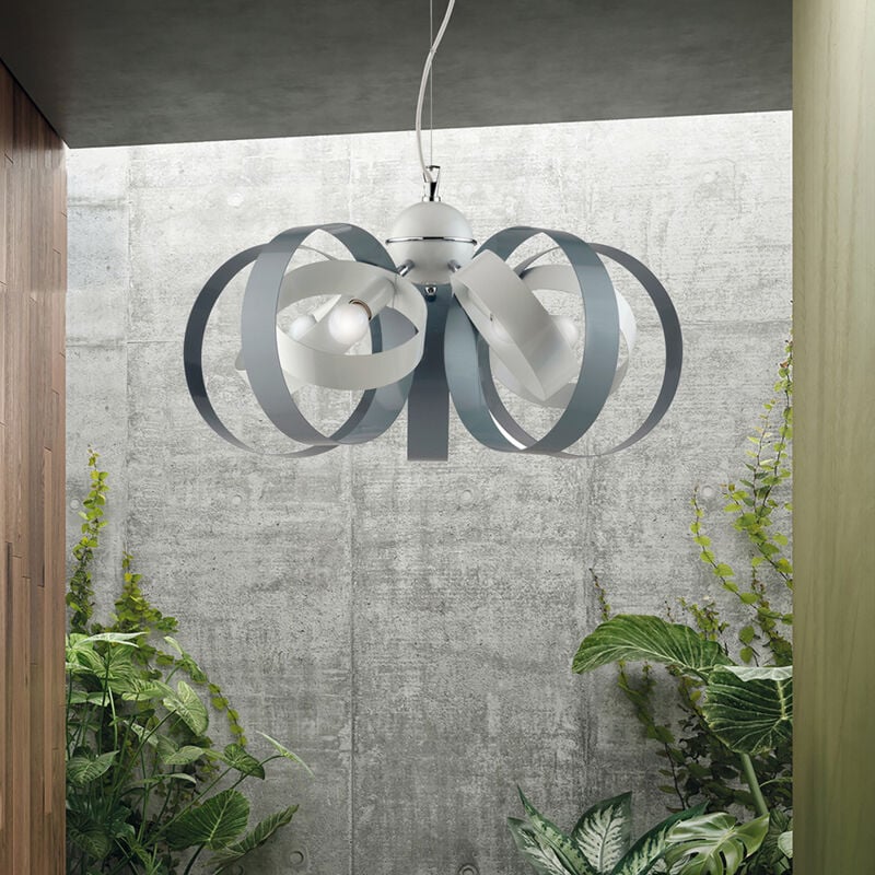 foto del prodotto lampadario moderno 5 luci cerchi ferro bianco e grigio serie bolla