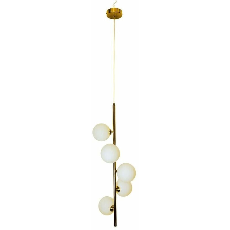 foto del prodotto lampadario moderno a sospensione con 5 sfere e attacco per lampadine a led g9