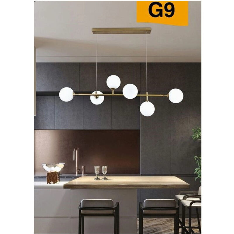 foto del prodotto lampadario moderno a sospensione con 6 sfere ed attacchi per lampadine led g9