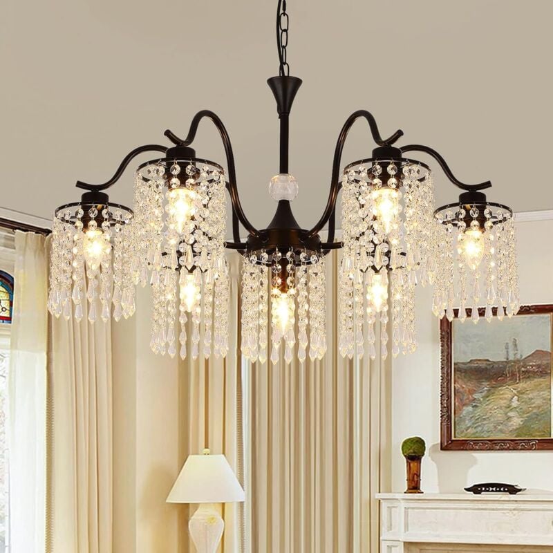 foto del prodotto lampadario moderno in cristallo lampada vintage in metallo opaco appesa con pendente nero 7 luci ganeed
