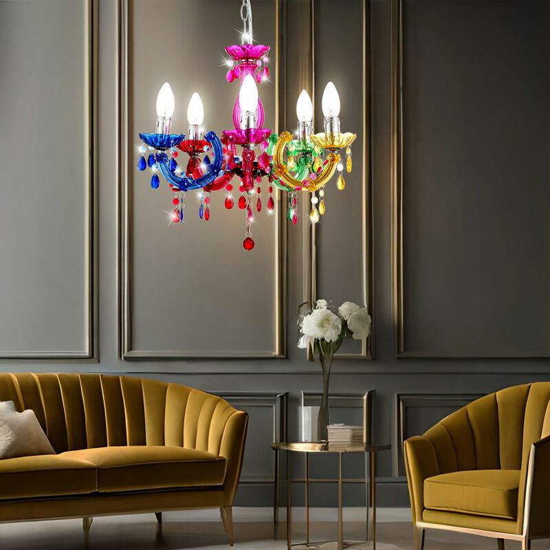 foto del prodotto lampadario moderno lampada a sospensione camera da letto lampada 5 fiamme, cristalli colorati, metallo acrilico, 5x e14, dxh 44 x 128 cm