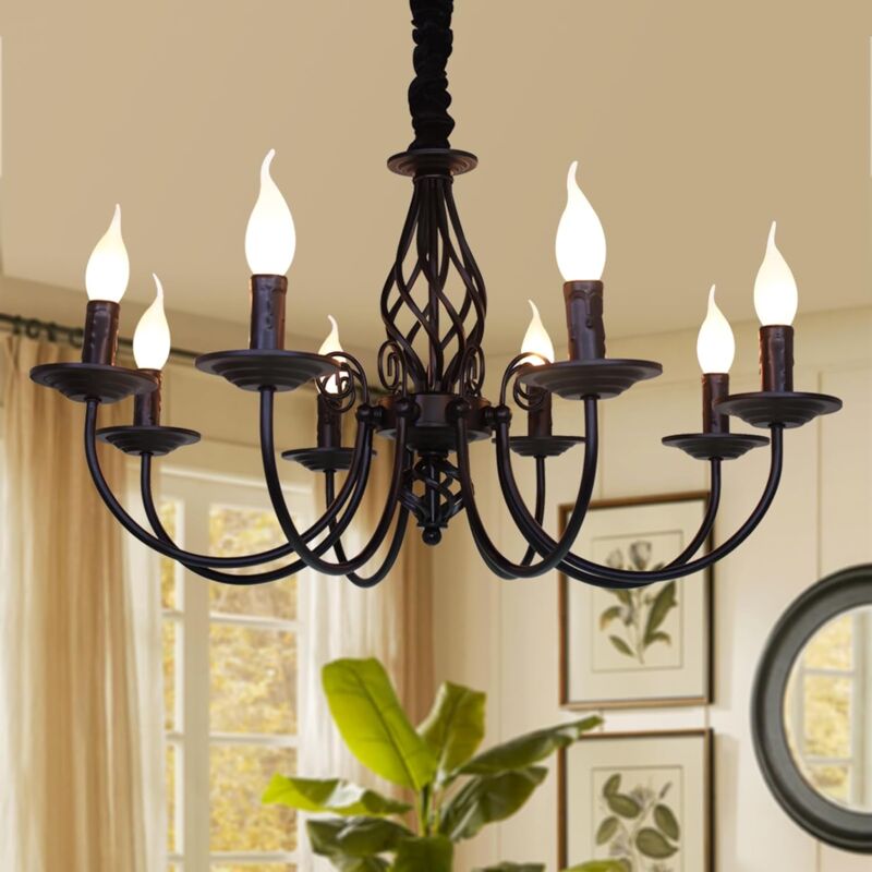 foto del prodotto lampadario paese francese 8 luci, lampadario nero, lampadario a sospensione in metallo, lampada a sospensione per isola cucina agriturismo, sala da