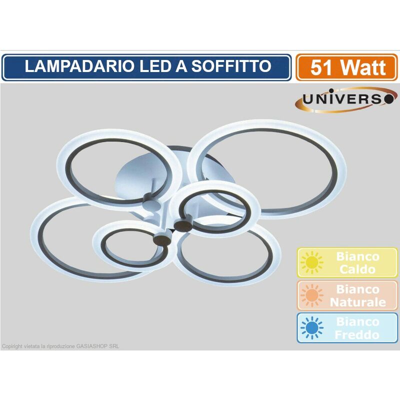 foto del prodotto lampadario plafoniera led a soffitto stile moderno 51w 6 cerchi 2550 lumen colore luce bianco freddo