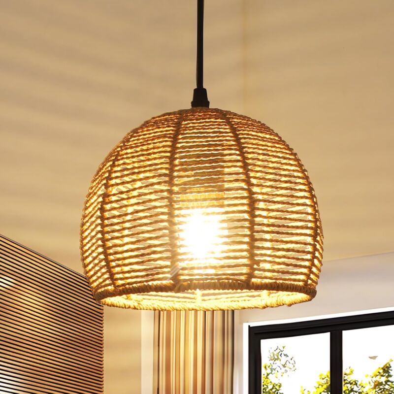 foto del prodotto lampadario retr in rattan naturale intrecciato a mano, paralume rotondo in legno, altezza regolabile, lampada a sospensione e27 per soggiorno,