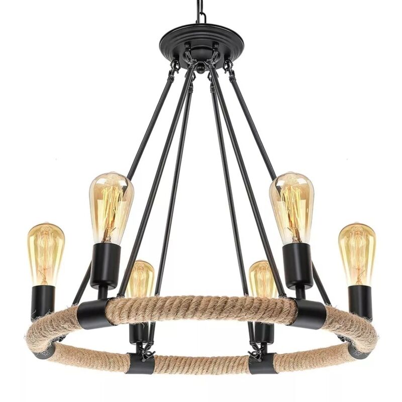 foto del prodotto lampadario rotondo rustico in canapa e metallo portalampada e27 industriale a20