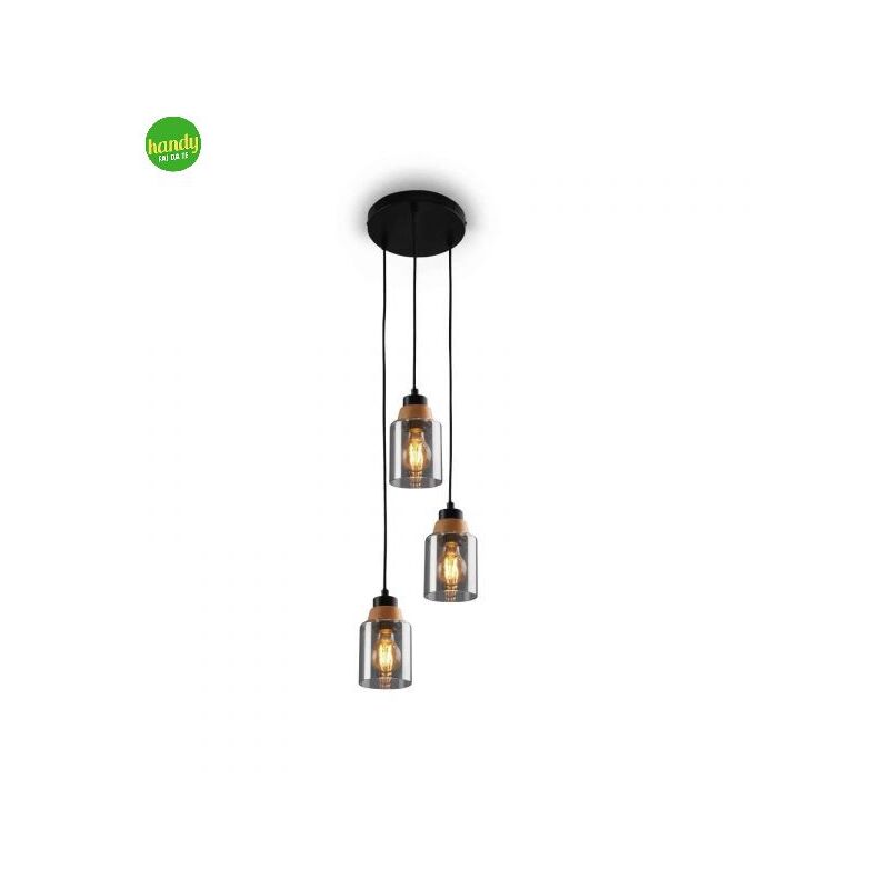 foto del prodotto lampadario royk sospeso briloner 3xe27 legno nero vetro smoke