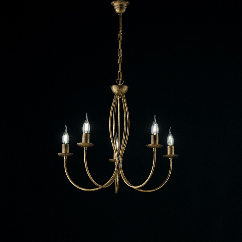 foto del prodotto lampadario rustico botte 5 luci in ferro battuto marrone e oro