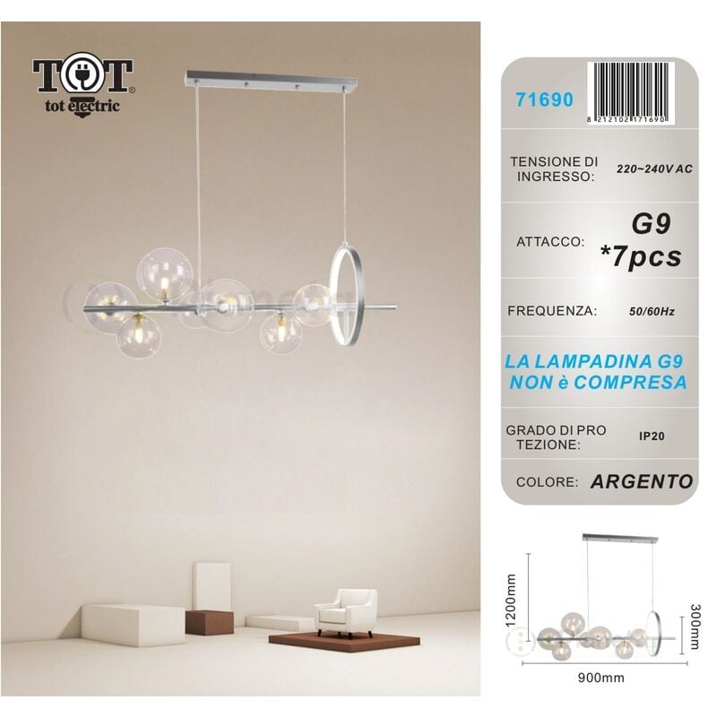 foto del prodotto lampadario sospensione 7 sfere attacco g9 bolle trasparenti in vetro luce con cerchio da soffitto nero argento design moderno argento