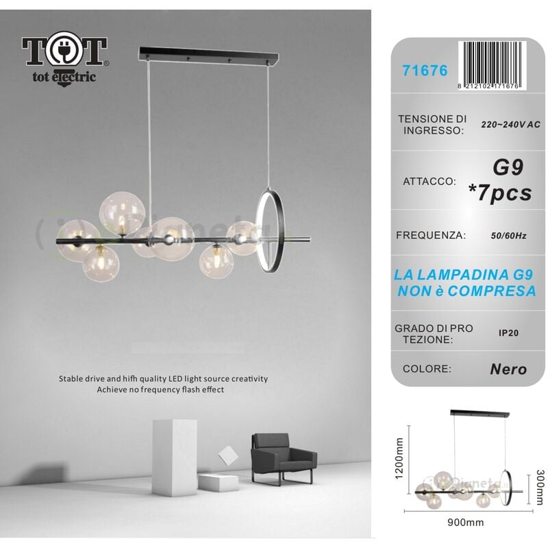 foto del prodotto lampadario sospensione 7 sfere attacco g9 bolle trasparenti in vetro luce con cerchio da soffitto nero argento design moderno nero