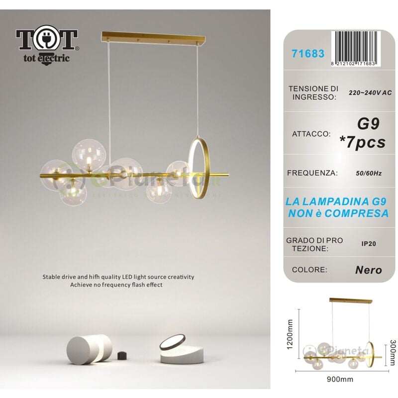 foto del prodotto lampadario sospensione 7 sfere attacco g9 bolle trasparenti in vetro luce con cerchio da soffitto nero argento design moderno oro