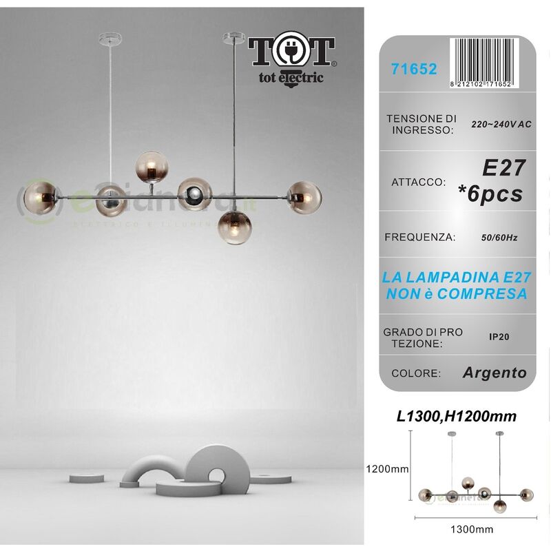 foto del prodotto lampadario sospensione bolle 6 sfere attacco e27 trasparenti in vetro lampada da soffitto in metallo oro argento moderno argento