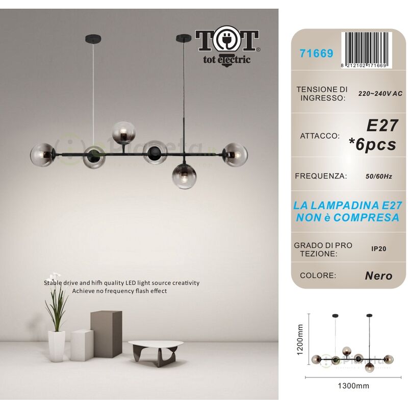 foto del prodotto lampadario sospensione bolle 6 sfere attacco e27 trasparenti in vetro lampada da soffitto in metallo oro argento moderno nero