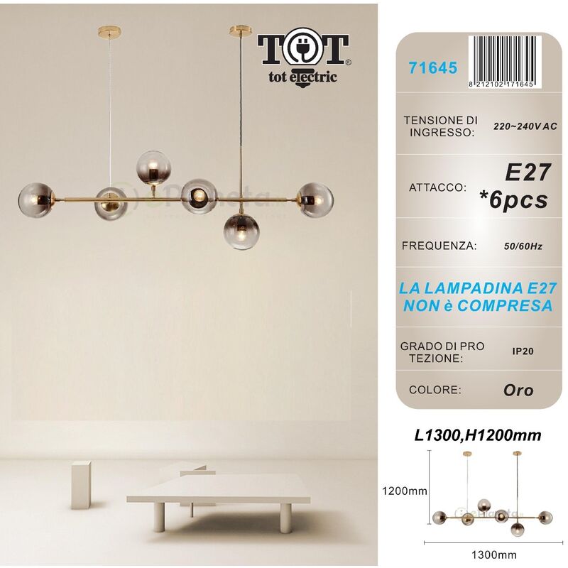 foto del prodotto lampadario sospensione bolle 6 sfere attacco e27 trasparenti in vetro lampada da soffitto in metallo oro argento moderno oro