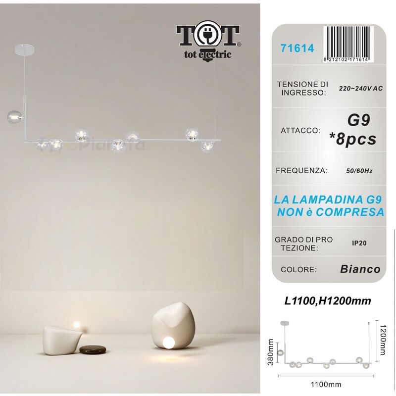 foto del prodotto lampadario sospensione bolle 8 sfere g9 trasparenti in vetro lampada da soffitto in metallo bianco nero oro design moderno bianco